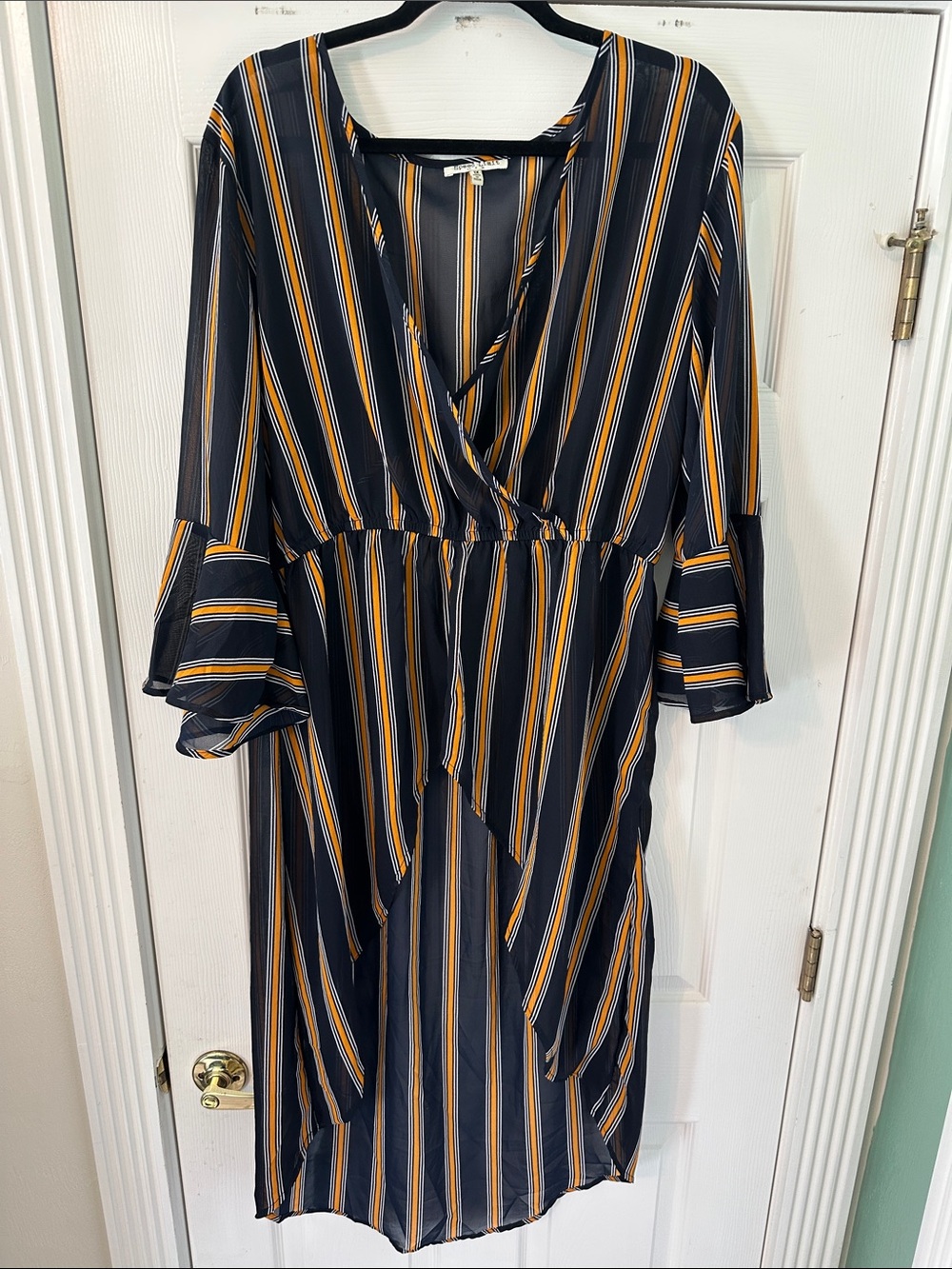 Navy and Mustard Striped High-Low Wrap Dress (1X)
